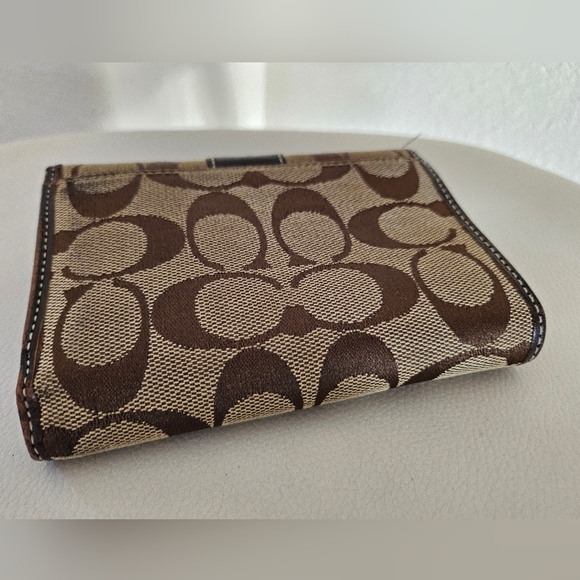 Coach Signature Canvas Leather Trim Trifold Brown Monogram Wallet - Picture 11 of 12